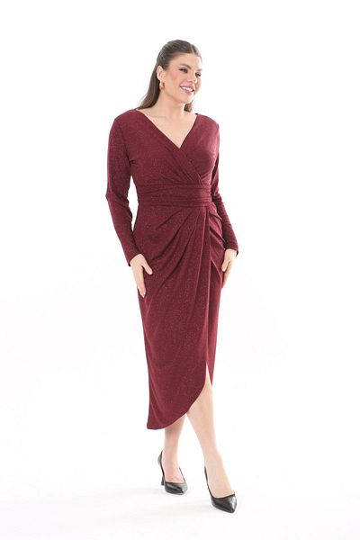 VOLİNAY TEKSTİL Plus Size Long Cola Evening Dress with Degaje Collar and Glitter Detail