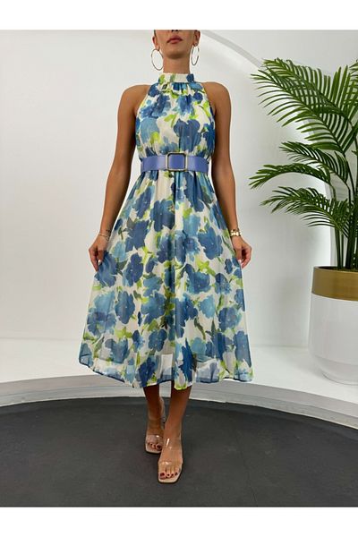 Elif Özbey Butik Model Floral Albastru - Rochie din șifon cu curea