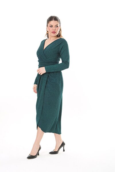 VOLİNAY TEKSTİL Büyük Beden Degaje Yaka Uzun Kol Simli Kumaş Abiye Elbise