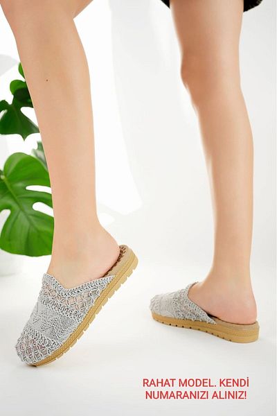 emta tasarım Women's Gray Lace - Knitted Zigzag Closed Daily Stylish and Comfortable Model Full Mold Slippers