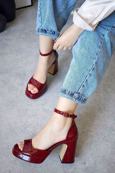 POLKA STORE Pantofi de damă Bella Claret, roșu, din piele lacuită, cu o singură curea, cu vârf deschis, roșu vișiniu, cu toc înalt