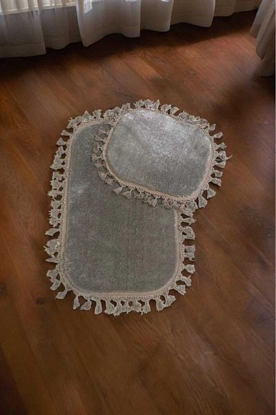 ALTUN CARPET 2 части червена + 6 цвята налични постелка за баня от полар, плюшен помпон с ресни, неплъзгащ се килим 50x80+40x50