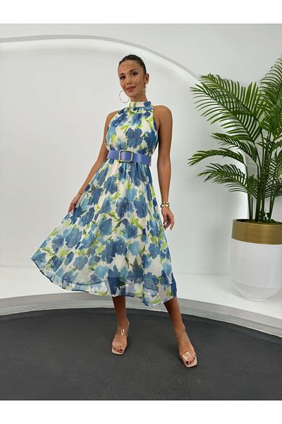 Elif Özbey Butik Model Floral Albastru - Rochie din șifon cu curea