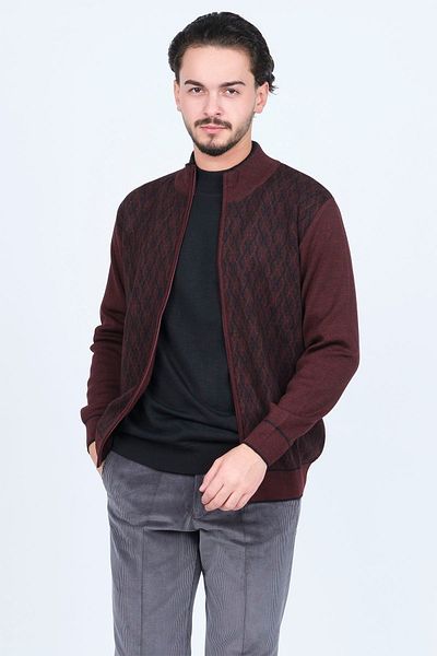 Ateş Triko Men's Patterned Wool Cardigan 6092541 Claret Red