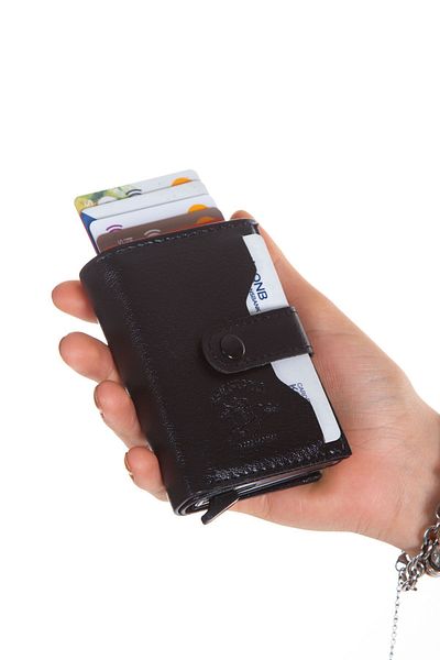 Newish Polo Black Unisex Faux Vegan Leather Wallet with Mechanism - Patch Card Holder (RFID)