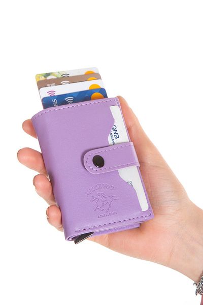 Newish Polo Lilac Unisex Faux Vegan Leather Mechanized Wallet - Patch Card Holder, RFID