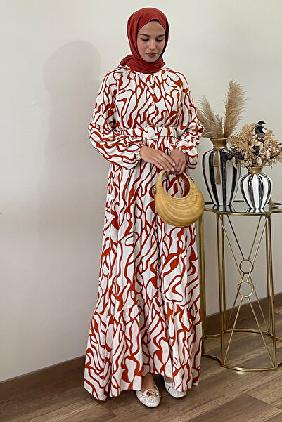 QLAY Blue Ecru Patterned - Belted Oversize Viscose Women's Summer Dress