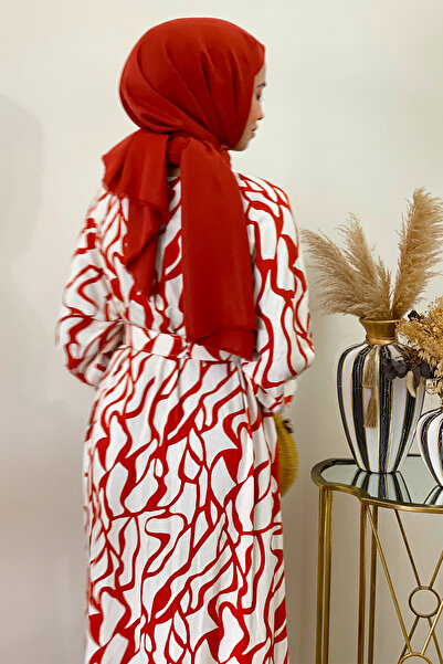 QLAY Blue Ecru Patterned - Belted Oversize Viscose Women's Summer Dress