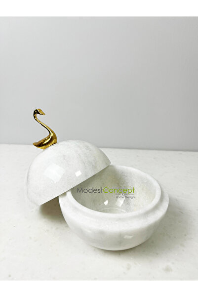Modestmar Doğal Beyaz Mermer Yuvarlak Şekerlik Gold Kuğu Objeli