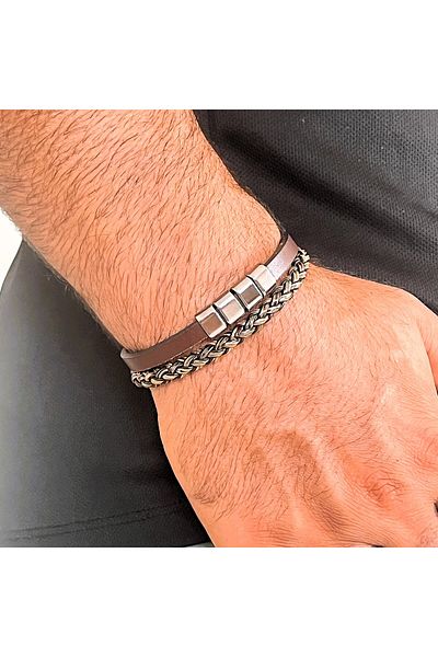 Farah Butik Men's Brown Leather Bracelet - Magnetic Buckle Detailed Gift Bracelet