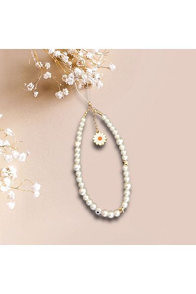 Stoneday Pearl Star Detailed Evil Eye Beaded Special Design Gold Daisy Figured Phone Charm Accessory Charm