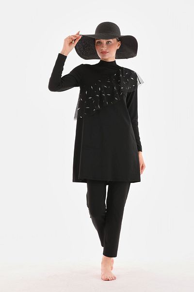 MAG FASHİON Large Size 3-Piece Hijab Swimsuit with Flywheel Detail - Full Covered Burkini