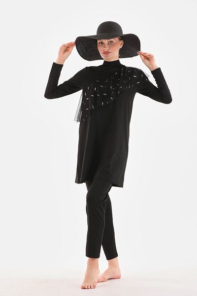 MAG FASHİON Large Size 3-Piece Hijab Swimsuit with Flywheel Detail - Full Covered Burkini