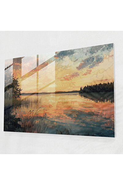 Popcas لوحة فنية جدارية زجاجية من Serene Lake Sunset Pointillism، Pointillism...
