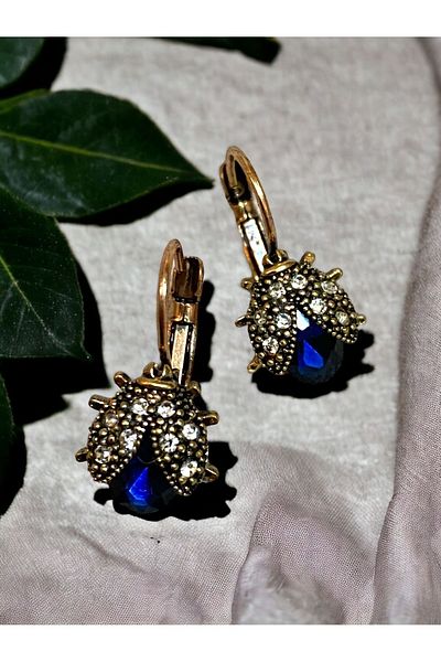 FAYRA ACCESSORIES Blue Ladybug Earrings with Crystal Stones