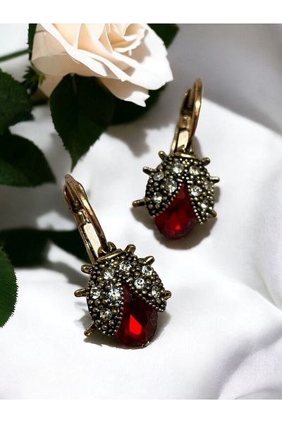 FAYRA ACCESSORIES Ladybug - Red Crystal Stone Earrings