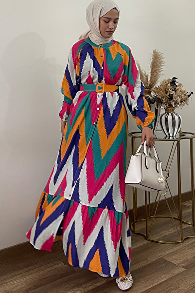 QLAY Γυναικείο καλοκαιρινό φόρεμα oversized βισκόζης με ζώνη με σχέδιο ζιγκ-ζαγκ