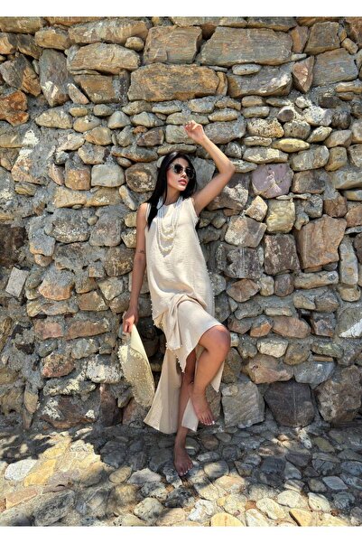 1Moda1Tarz Rochie cu căptușeală din in și broderie cu perle - Design cu colie...