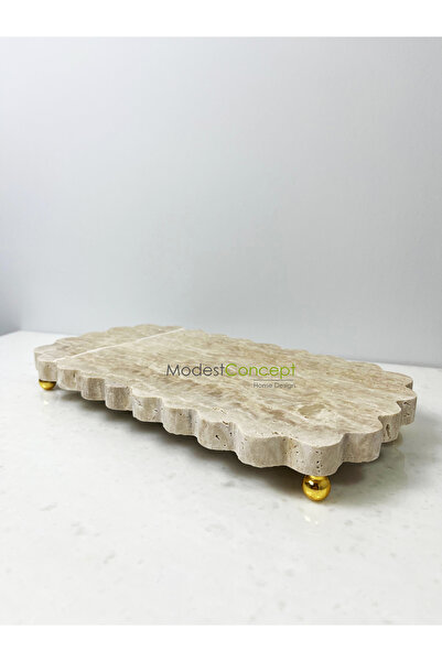 Modestmar Natural Travertine Marble - Gold Footed Supla Presentation Bowl with Decorative Edge Detail