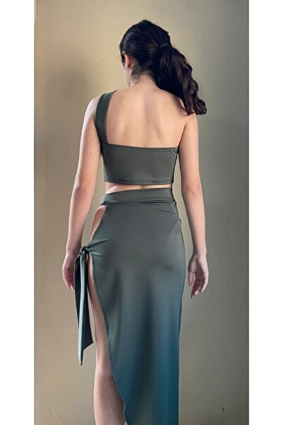 Rosy Live in style Khaki Colored Long Side Low-cut Skirt and Top