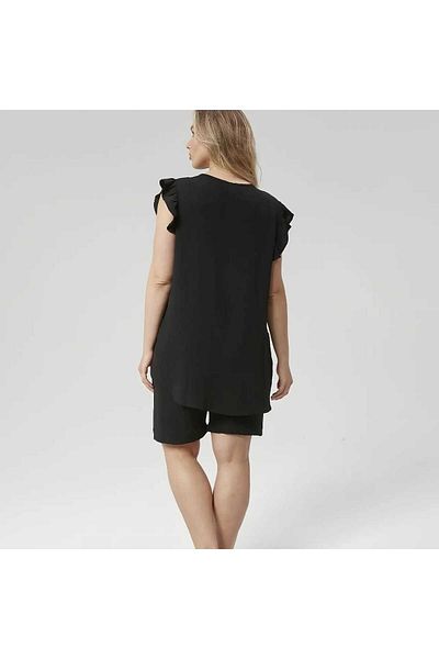BİrHoşButik Large Size Aerobin Sand - Lycra, Elastic Waist, Ruffle Sleeve, Buttoned Summer Trendy Pocket Set