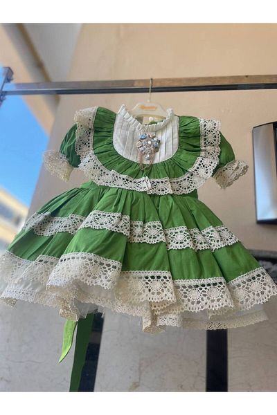 Sare Çocuk Giyim Πράσινο Vintage Guipure Λεπτομερές Αντιαλλεργικό κοντομάνικο φόρεμα για κορίτσια - 100% βαμβάκι
