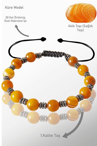 Tesbih Atölyesi Hematite Colored Veined Orange Agate - Real Stone Bracelet Adjustable