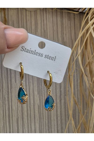 Pinkimaj Gold Colored Blue Jewelled Drop Earrings - Steel Gold Zircon Crystal