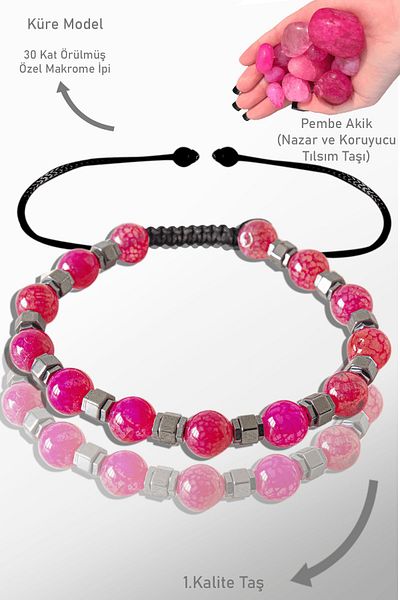 Tesbih Atölyesi Real Hematite Certified - Pink Agate Stone Bracelet - Adjustable