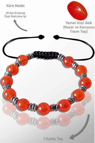 Tesbih Atölyesi Real Hematite Certified - Red Yemen Agate Stone Bracelet - Adjustable