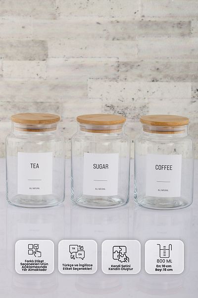 ANJEAHOME Lugo 3-Piece 800 Ml Glass Storage Container Bamboo Lid (Different Label Options)