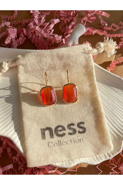 karışık kaset Orange Cat's Eye Natural Jewelled Square Earrings