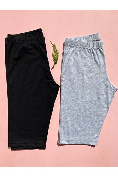 LEYNA BUTİK Pamuklu Likralı Kadın 2 Adet Siyah Ve Gri Dizüstü Tayt