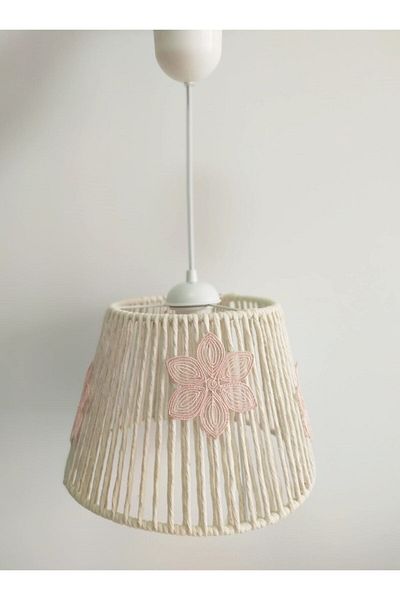 C&A&B KUZEY AVİZE Ecru Macrame Rope Wrapped Pink Flower Appliqued Baby Girl and Children's Room Pendant Lamp Chandelier
