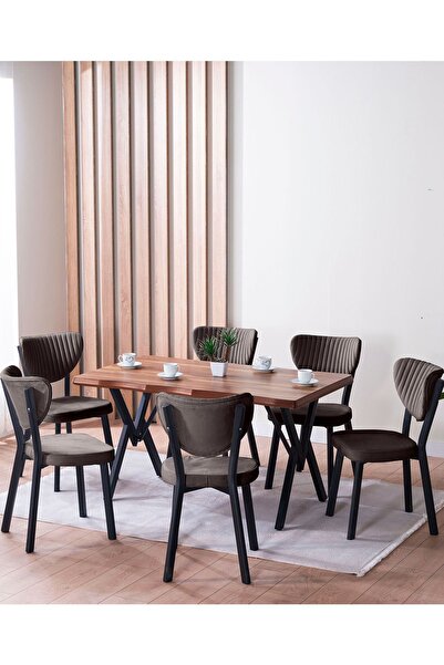 VIANEM Kütük Desenli MDF Elma Mutfak Masa Takımı 6 Sandalyeli Salon Yemek Masa Takımı