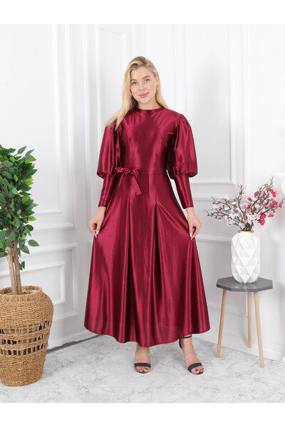 CLASSY.MODA Satin Fabric Hijab Dress - Balloon Sleeve and Pleat Skirt Detail
