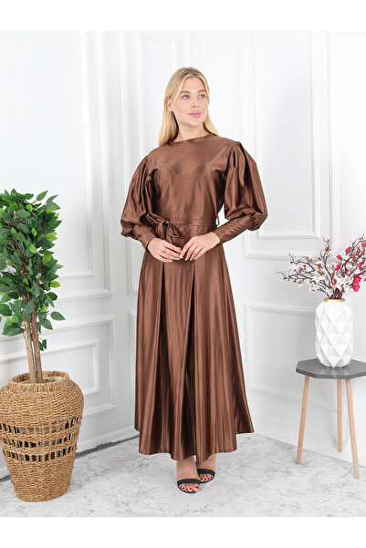 CLASSY.MODA Balon kol pile etek detaylı tesettür elbise-Saten kumaş