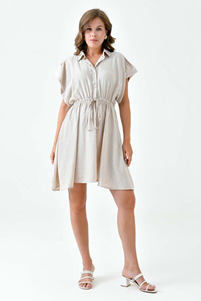 bayansepeti Кам'яного кольору сорочка з коміром-комірцем, сукня з розкльошеним низом, з поясом і застібкою спереду 6010