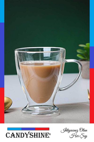 CandyShine 250ml Oval Glass Cup - With Double Walls and Handles
