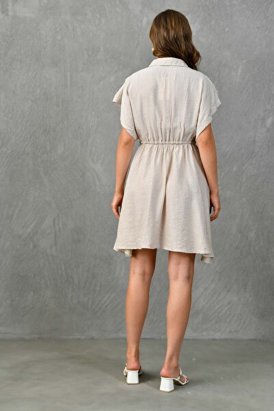 vuvutasarım Πέτρινο πουκάμισο με γιακά με φλάντζα, καλοκαιρινό φόρεμα - μπροστά με κουμπιά και ζώνη 6010