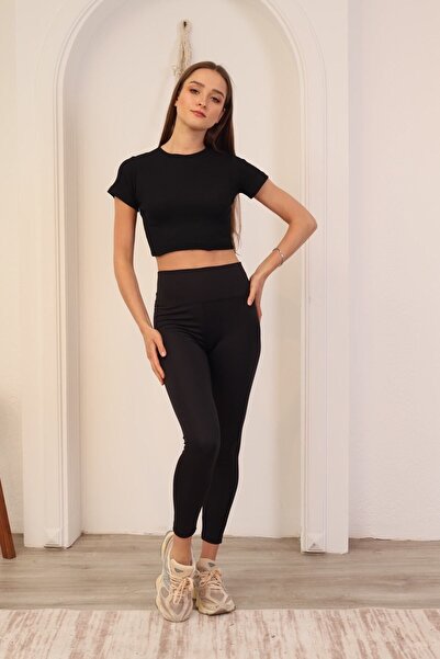 MaberFranco Дамска блуза с оребрено деколте и три четвърти ръкав, черна, LRWM...