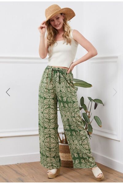 Alegante Green Linen Patterned Women's Trousers - Trendy with Elastic Waist