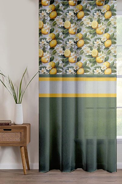 Else Halı Yeşil Yapraklı Limonlu Desenli Baskılı Dekoratif Salon Mutfak Tül P...