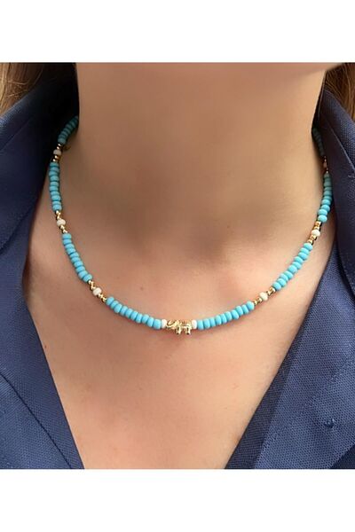 Kutcha Accessories Fil Figürlü Mavi boncuk Kolye