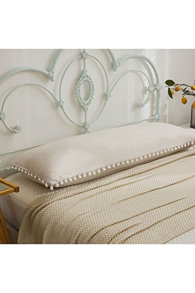EVYA 100% Cotton Pompom Detailed Long Pillow Case 50X135 cm Beige Color Maternity Pillow Case Ergonomic