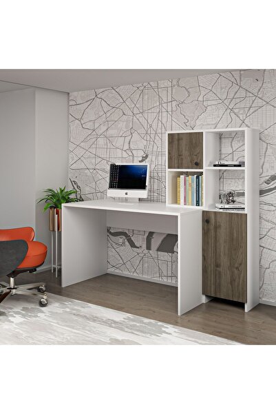 Ninnimo Neptan Kitaplıklı Fonksiyonel Çalışma Masası Beyaz Ceviz