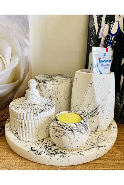 By Sirin Yıldız Beton Banyo Seti Tepsili Mum’lu 5 Parça