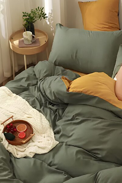 Else Dekor Едноцветен двустранен комплект от памучен сатен в цвят каки горчица. Единичен комплект завивки