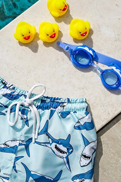 Mayom Erkek Çocuk Köpek Balığı Baskılı Bel Bağcıklı Deniz Şortu