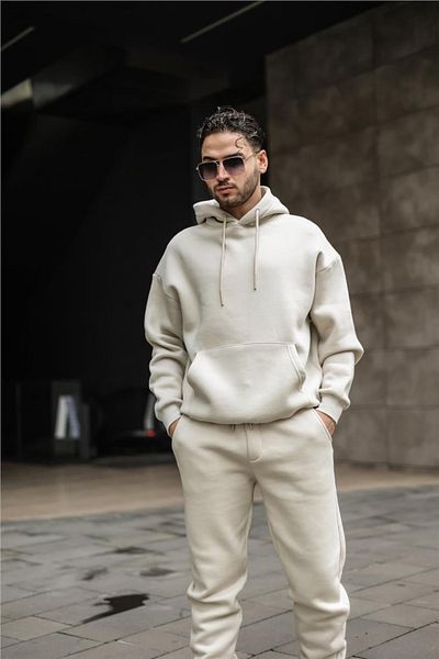 BayBayan Ανδρικό μπεζ 3 κλωστών Jogger με ανοιχτόχρωμη τσέπη καγκουρό Oversize αθλητικό σετ φόρμας
